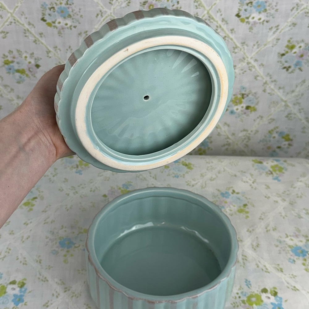 Discontinued Pier 1 Striped Robins Egg Blue White & Tan Bird Trinket/Candy Dish - Picture 4 of 8